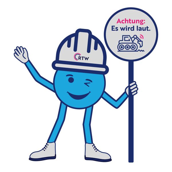 Grafik Helmi mit Schild und Bauhelm; Text auf dem Schild: Achtung: Es wird laut.