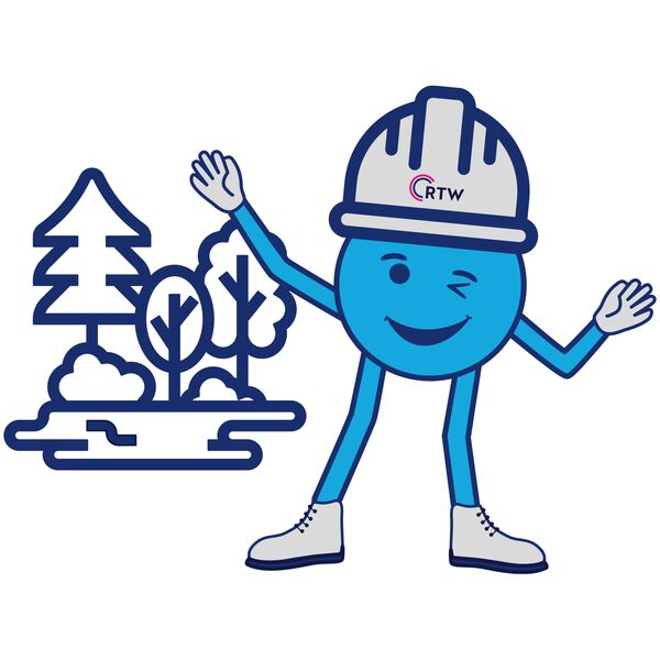 Grafik Helmi mit Bauhelm und Bäumen im Hintergrund