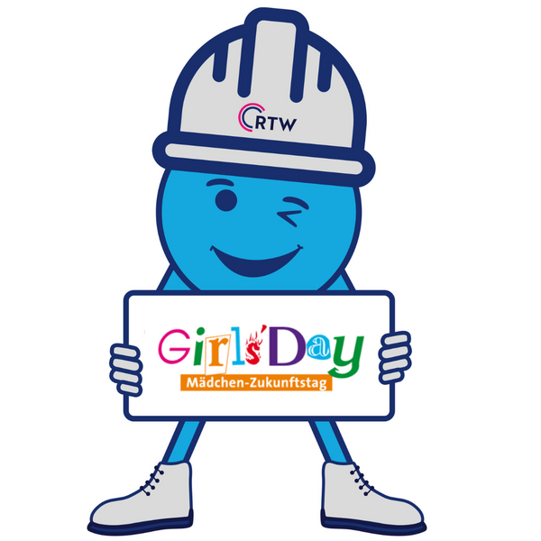 Grafik Helmi mit Schild und Bauhelm; Logo Girls Day auf dem Schild