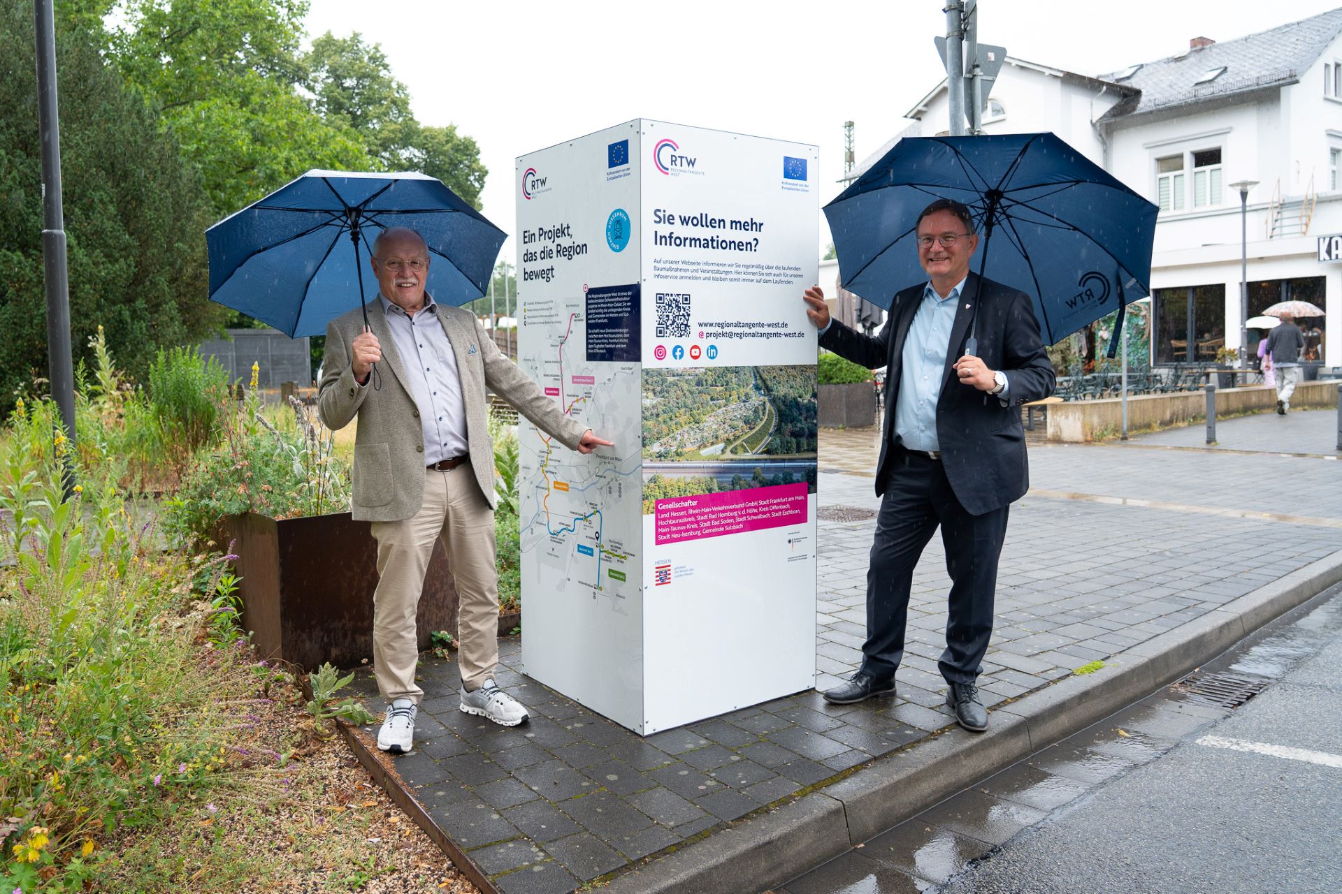 Zwei Menschen mit Regenschirmen zeigen auf Infostele